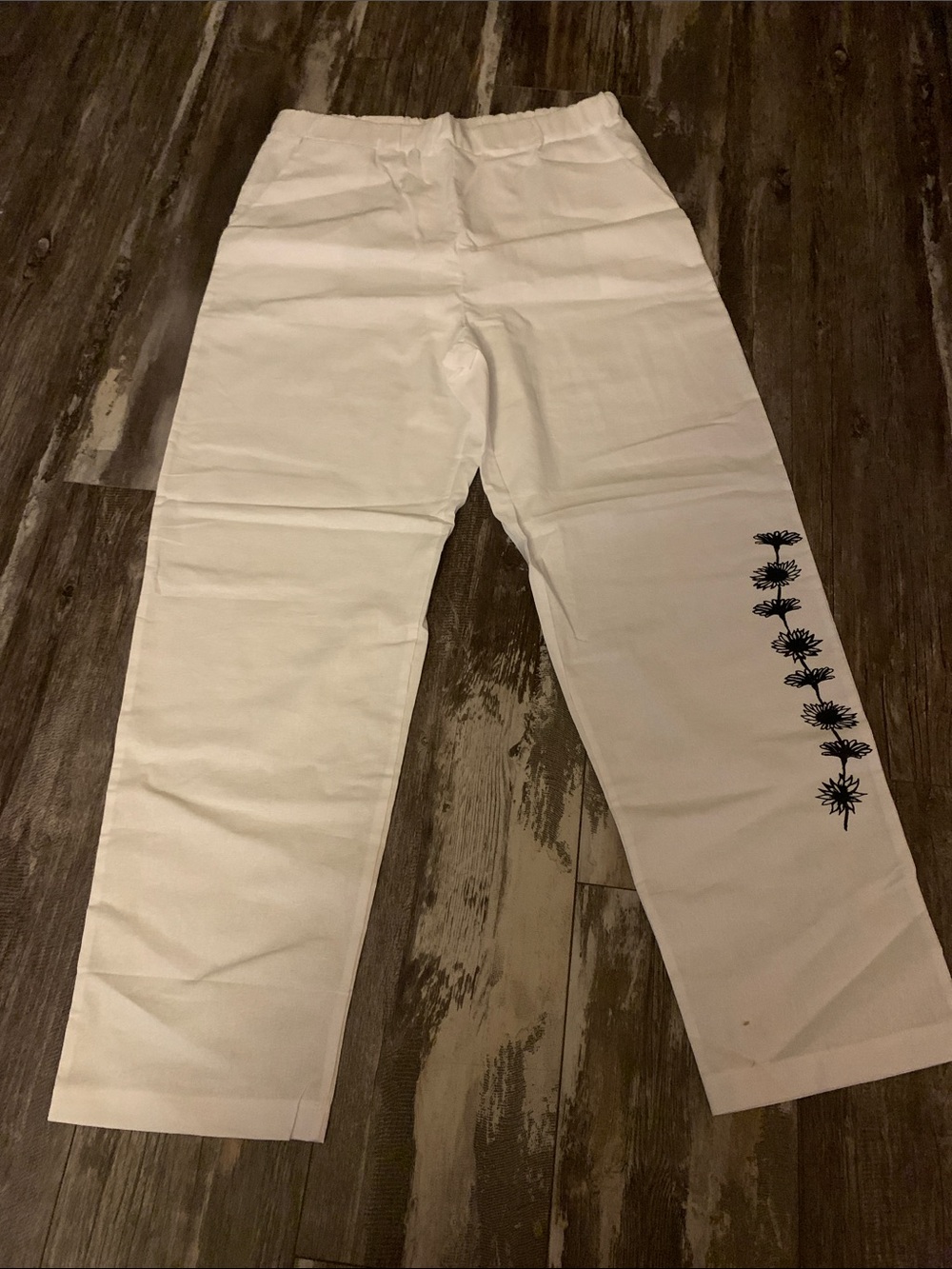 White Pants with Black Floral Side Embroidery